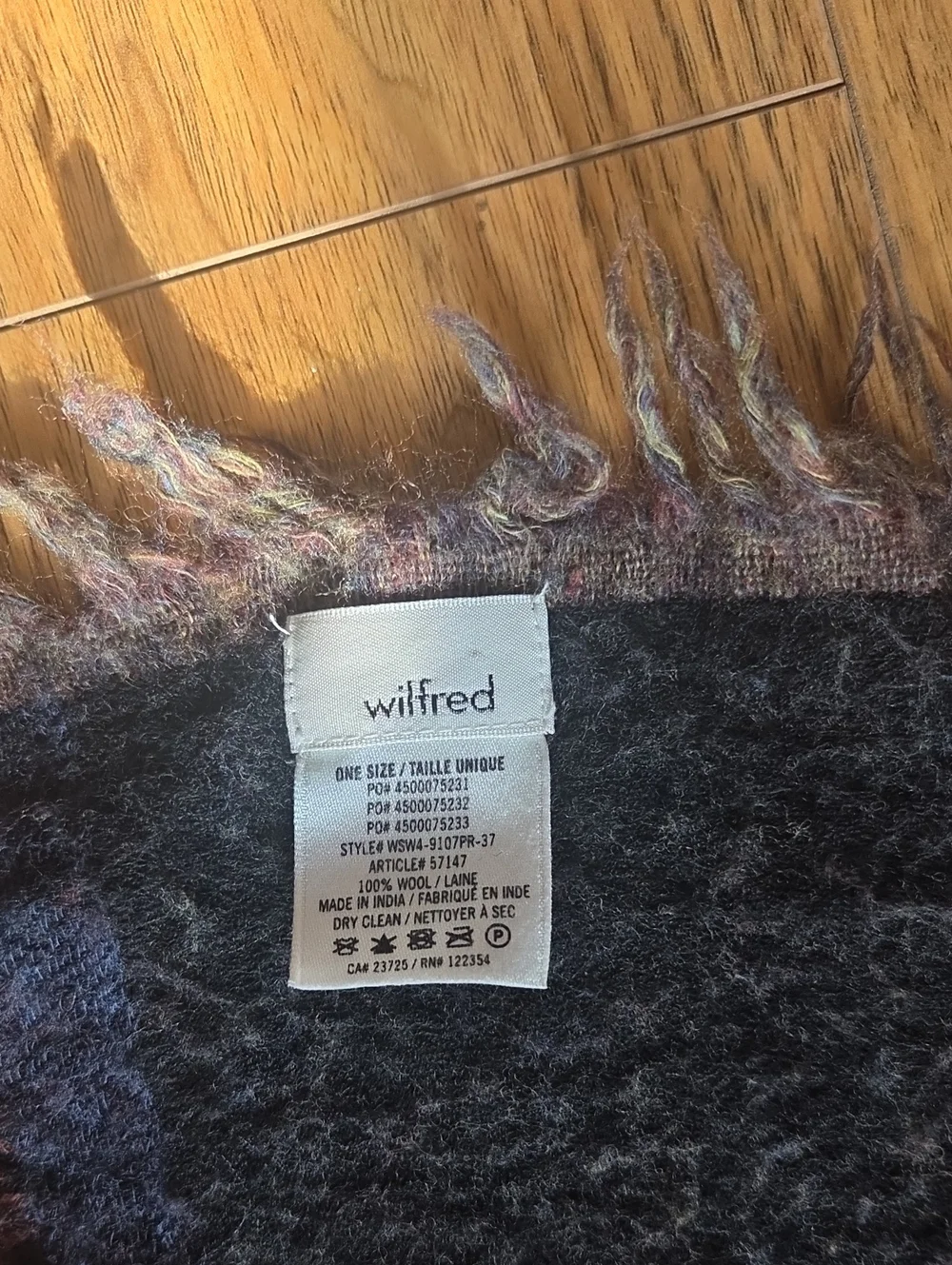 Aritzia Wilfred Multicolor Fringe Wool Scarf - Gray Base with Muted Accents